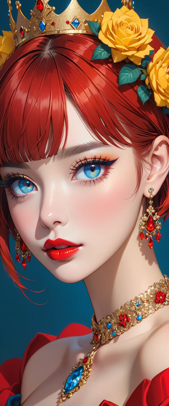 1 girl, jewelry, earrings, red hair, flower, looking at viewer, portrait, parted lips, blue eyes, bangs, crown, collarbone, eyelashes, short hair, makeup, red lips, lips, crown, solo, single focus , lipstick, yellow rose,HoloDayo XL