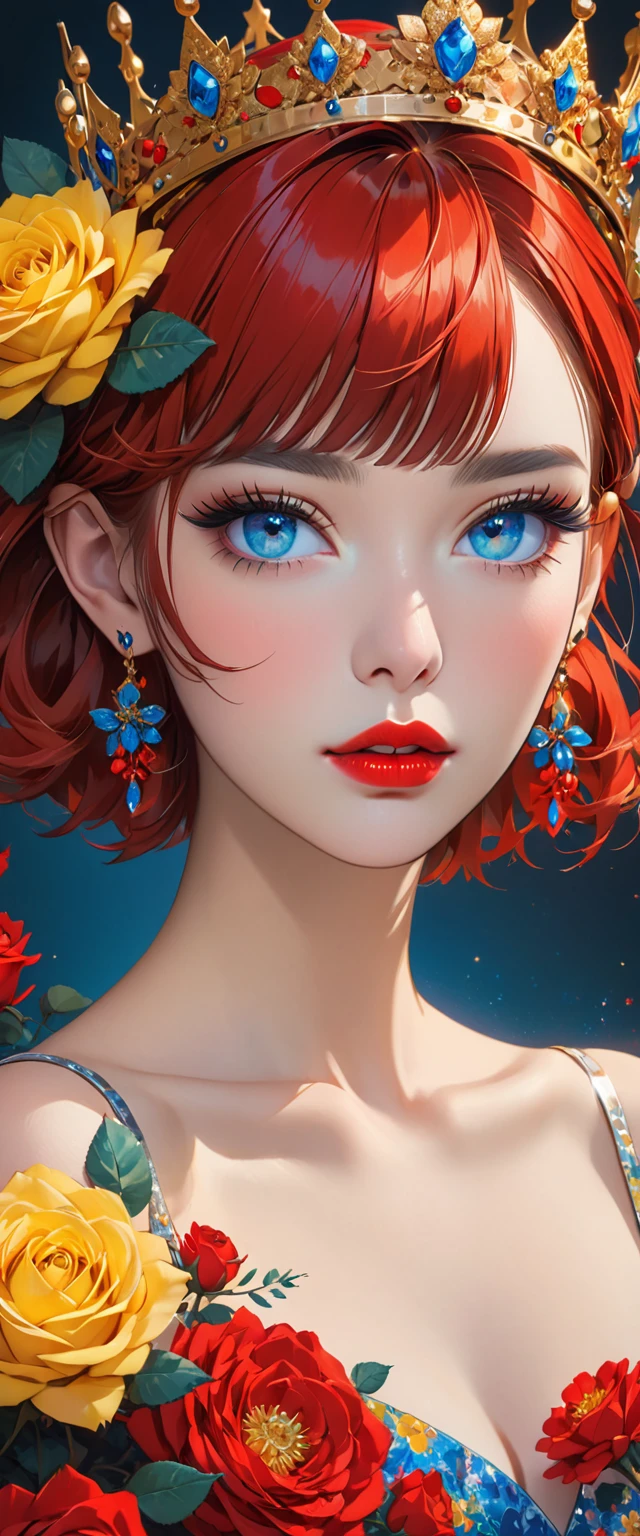 1 girl, jewelry, earrings, red hair, flower, looking at viewer, portrait, parted lips, blue eyes, bangs, crown, collarbone, eyelashes, short hair, makeup, red lips, lips, crown, solo, single focus , lipstick, yellow rose,HoloDayo XL