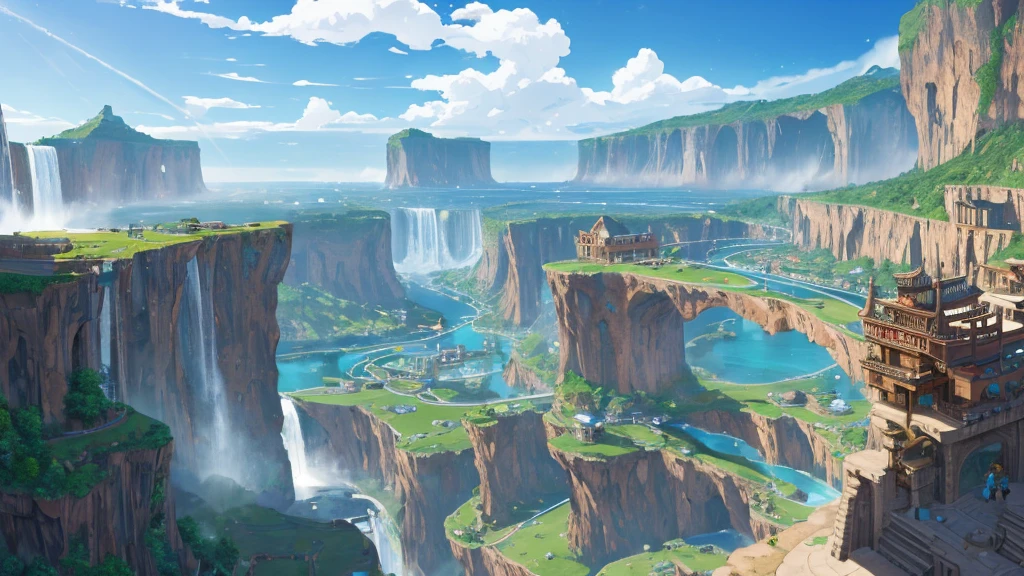 large city capital with modern steampunk technology in front of a giant waterfall, more houses than buildings, water everywhere, waterfalls, lagoons, puddles, technology and water BLUE SKIES, rpg or anime style