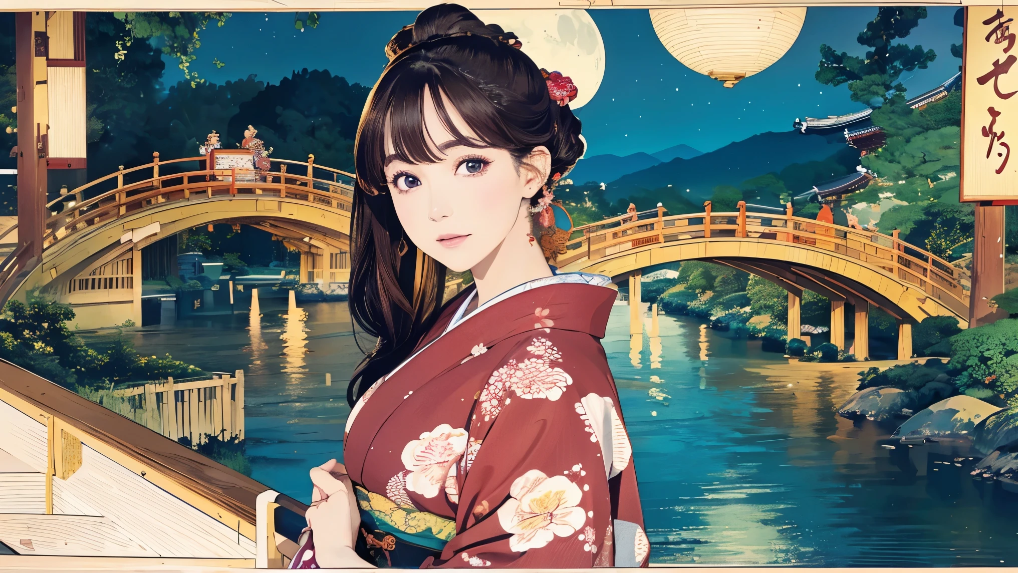 (Highest quality、 8k 、masterpiece、High resolution)、(whole body)、Vibrant colors、Brown-black bob、Traditional topknot、Ample breasts、(Highly detailed face and eyes,Beautiful Face,Beautiful Eyes,Beautiful nose,Pretty lips)、Official Art、Ukiyo-e style、 (Beautiful woman in kimono)、(Vivid floral patterned kimono)、background、river、bridge、Mountain、wood、Starry Sky、moon、plum、Lantern、Detailed CG、