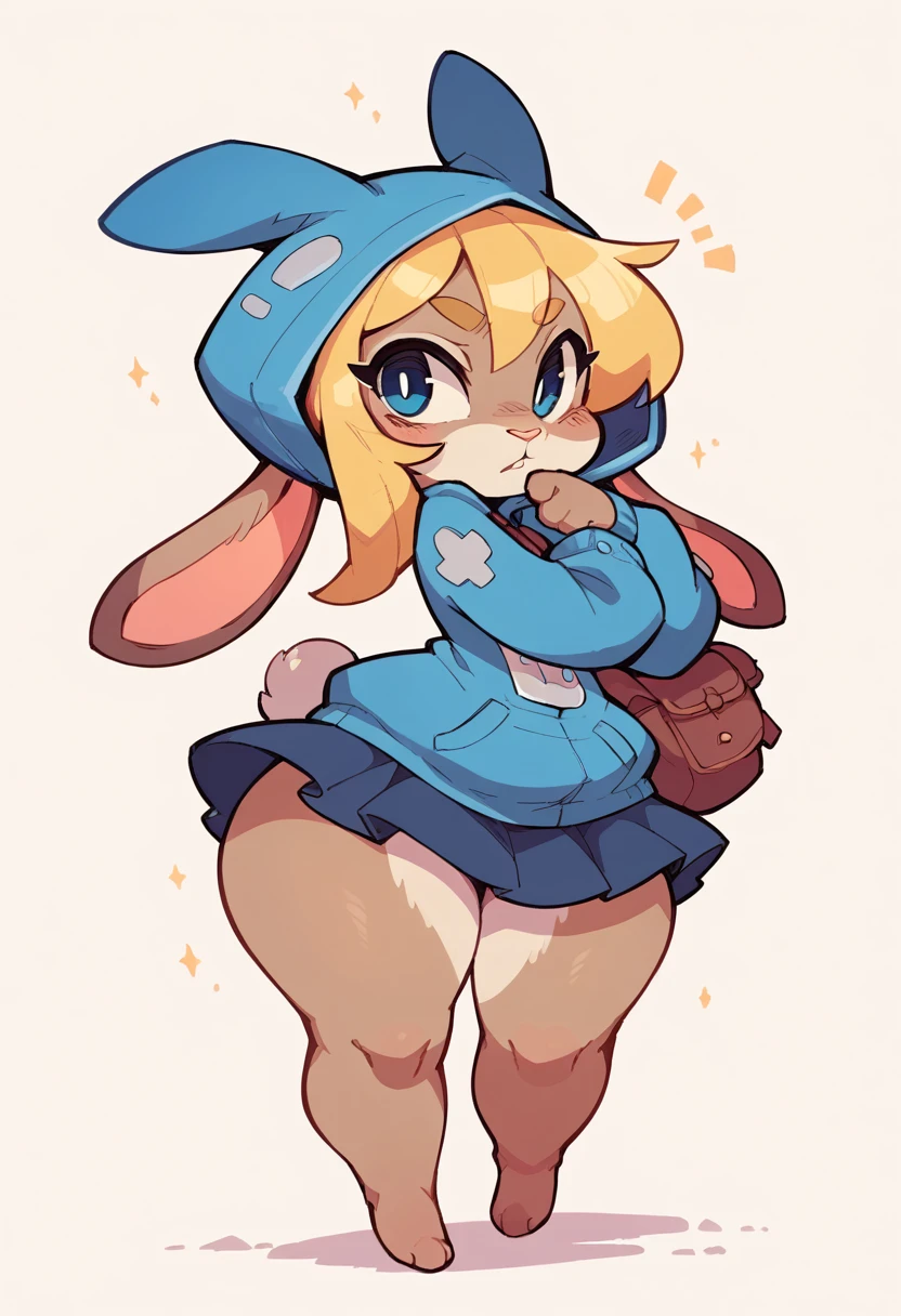 Furry bunny female, BLUE hood , Blonde  hair , shortstack, wide hips, skirt 