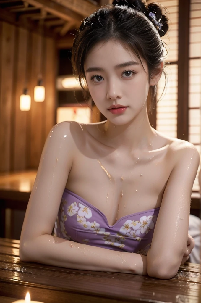 (((best quality))),(((ultra detailed))),(((masterpiece))),illustration,((1 beautiful Japannese girl,solo)),(neat bun:1.2),((slim,thin)),((small breasts,flat chest)),(in izakaya:1.3),(summer:1.2),(rainy:1.3),(indoor:1.2),(night scene:1.3),(wet:1.3),(strapless purple floral bra:1.3),porcelain skin,dimly lit,warm glow,ethereal,(beside the table:1.3),((from front,close-up of face))
