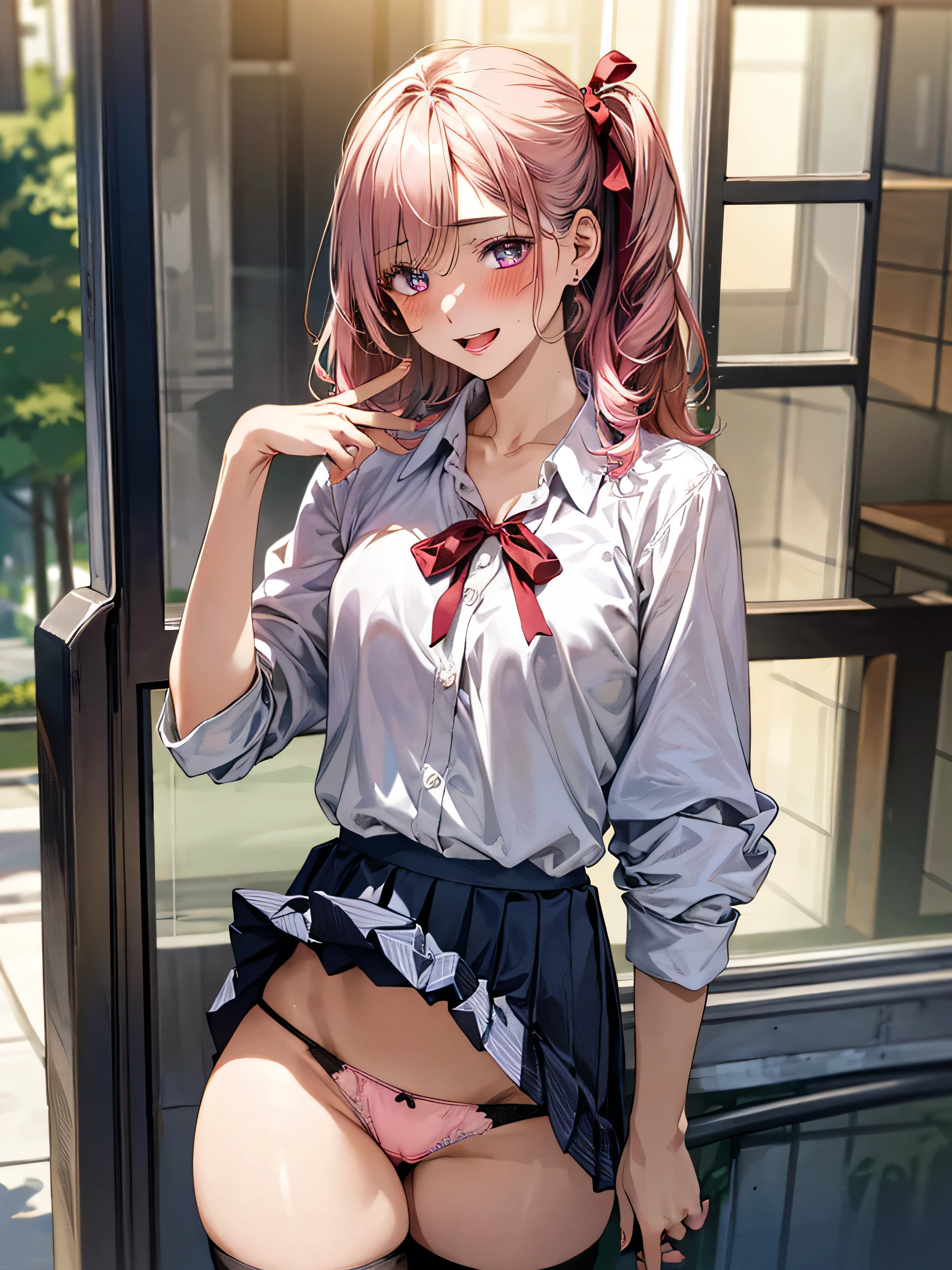 (masterpiece:1.3, top-quality, ultra high res, ultra detailed), (realistic, photorealistic:1.4), beautiful illustration, wearing knit sweater & miniskirt, (Flirtingly lifting her skirt to show her :1.3),perfect lighting, natural lighting, colorful, depth of fields, surrealism, (embarrassed,blush:1.3),
beautiful detailed hair, beautiful detailed face, beautiful detailed eyes, beautiful clavicle, beautiful body, beautiful chest, beautiful thigh, beautiful legs, beautiful fingers, shiny skin,
looking at viewer, 1 girl, japanese, high school girl, (perfect anatomy, anatomically correct, super detailed skin), cute and symmetrical face, babyface, perfect face, perfect eyes,
(middle hair, two side up, pink hair), crossed bangs, purple eyes, drooping eyes, big eyes, long eyelashes, (large breaststive thighs, skindentation), slender, outstanding style,
((detailed cloth texture, white collared shirt, blue pleated skirt, dark red neck ribbon), black thigh-highs, loafer),
(beautiful scenery), late afternoon,hands on chest, (lovely smile, upper eyes, open mouth small),