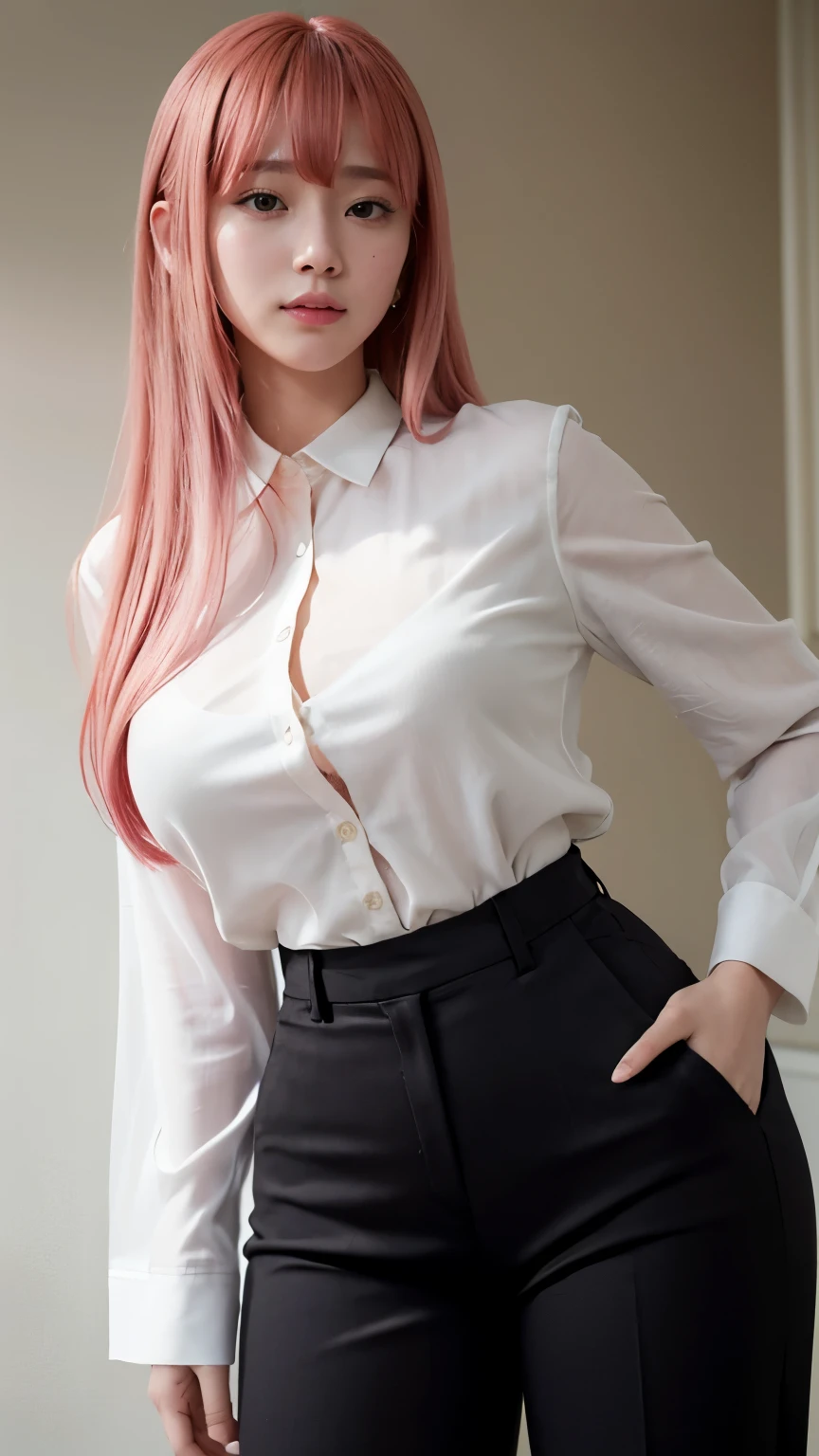 Highest quality、Ultra-high resolution、RAW shooting、Professional Lighting、Detailed Background、coastal、Full Body、Makima、25-year-old female、(High tone cherry pink hair)+(Long Hair)+(bangs)、(Yellow Eyes)、White see-through shirt,(Black trousers:1.5)、Huge breasts that look like they might burst、Modest abdominal muscles、Big Ass、Big thighs、A sloppy smile、Close your mouth、(Sweaty skin)、