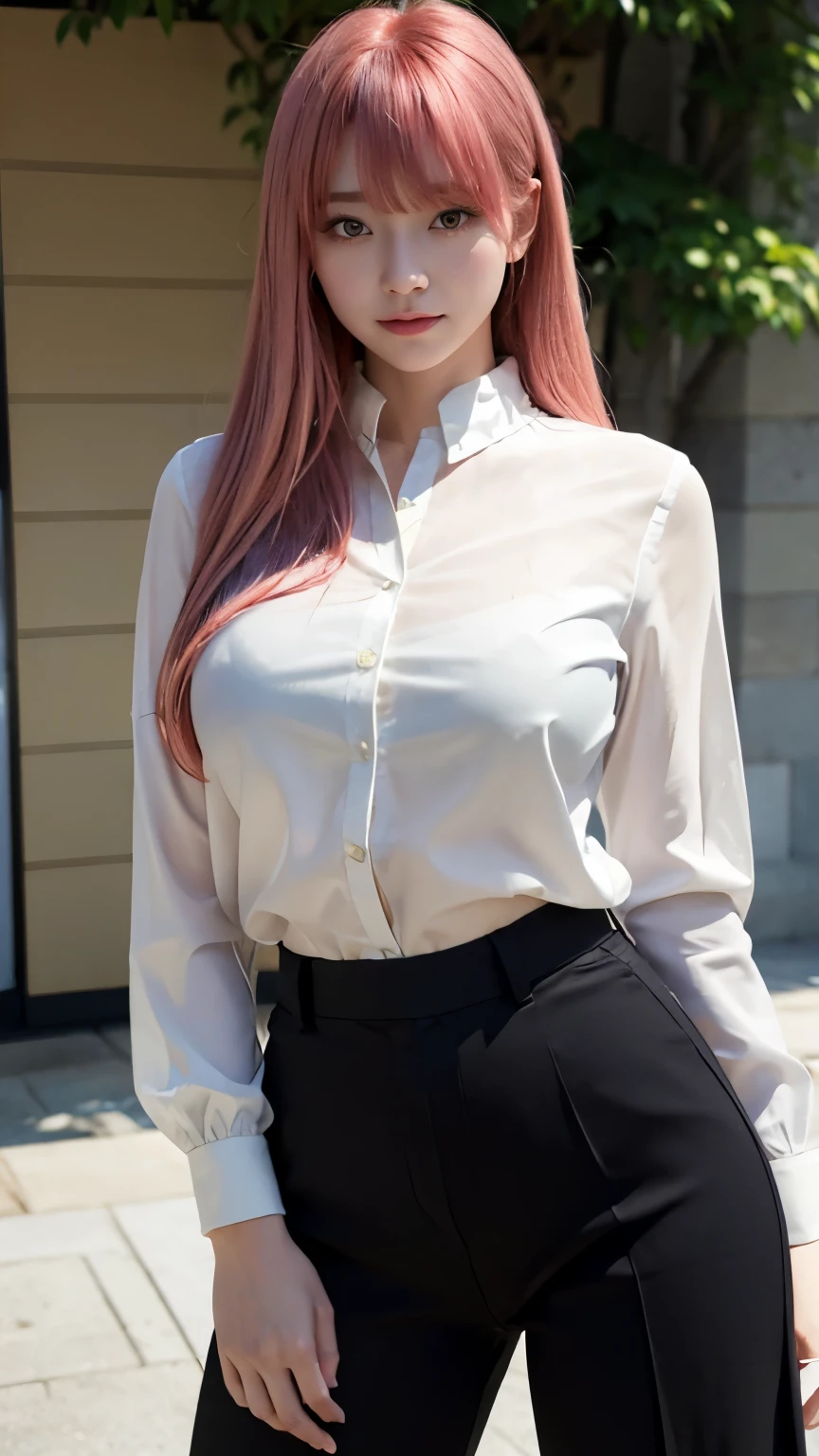 Highest quality、Ultra-high resolution、RAW shooting、Professional Lighting、Detailed Background、coastal、Full Body、Makima、25-year-old female、(High tone cherry pink hair)+(Long Hair)+(bangs)、(Yellow Eyes)、White see-through shirt,(Black trousers:1.5)、Huge breasts that look like they might burst、Modest abdominal muscles、Big Ass、Big thighs、A sloppy smile、Close your mouth、(Sweaty skin)、