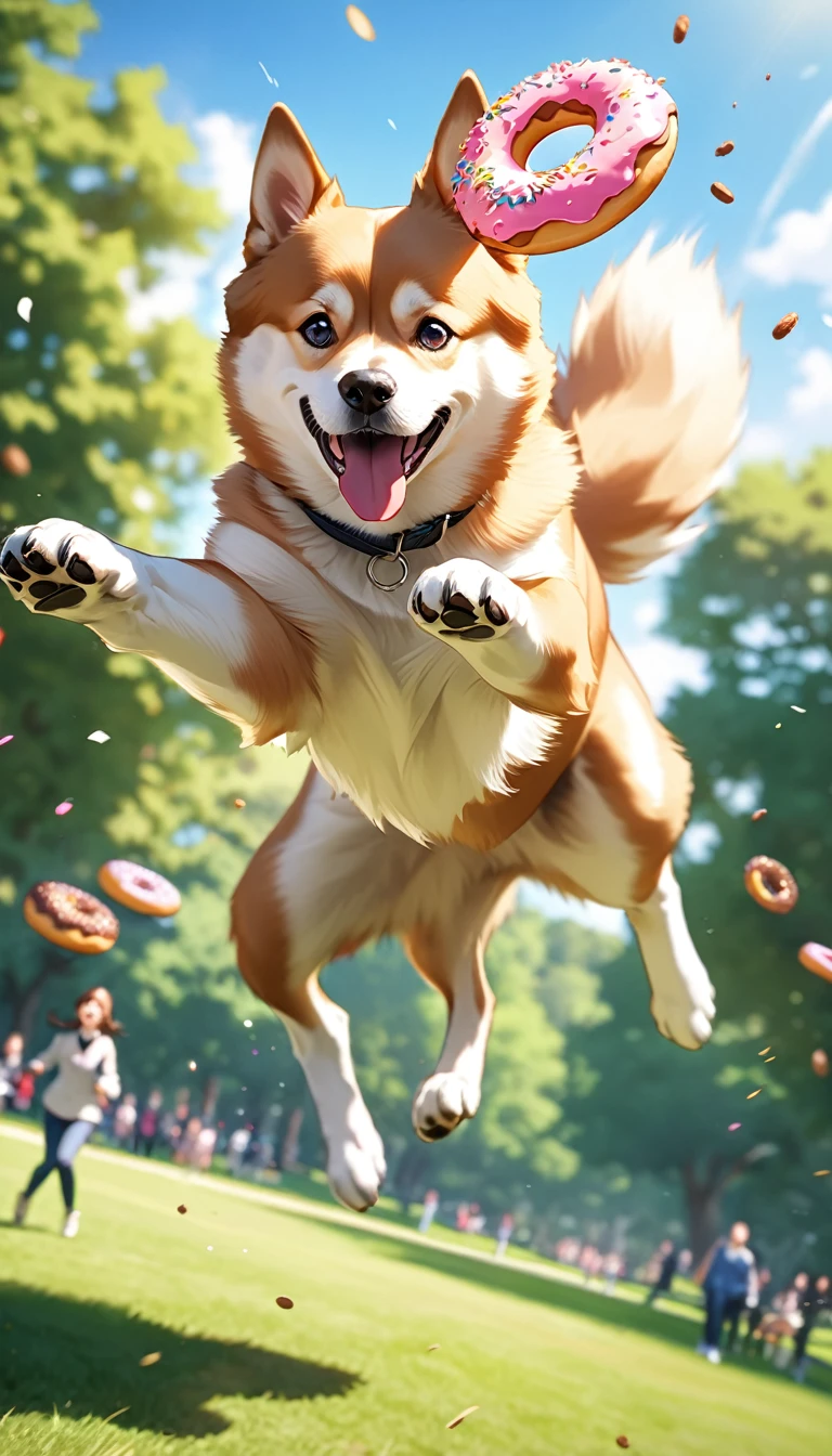 Donuts thrown like frisbees, Just one, Dog jumping to get a donut, Bite into a donut vigorously, Nice catch, Looks very tasty, Beautiful park background, Breaking Dynamic Action, Impressive motion blur