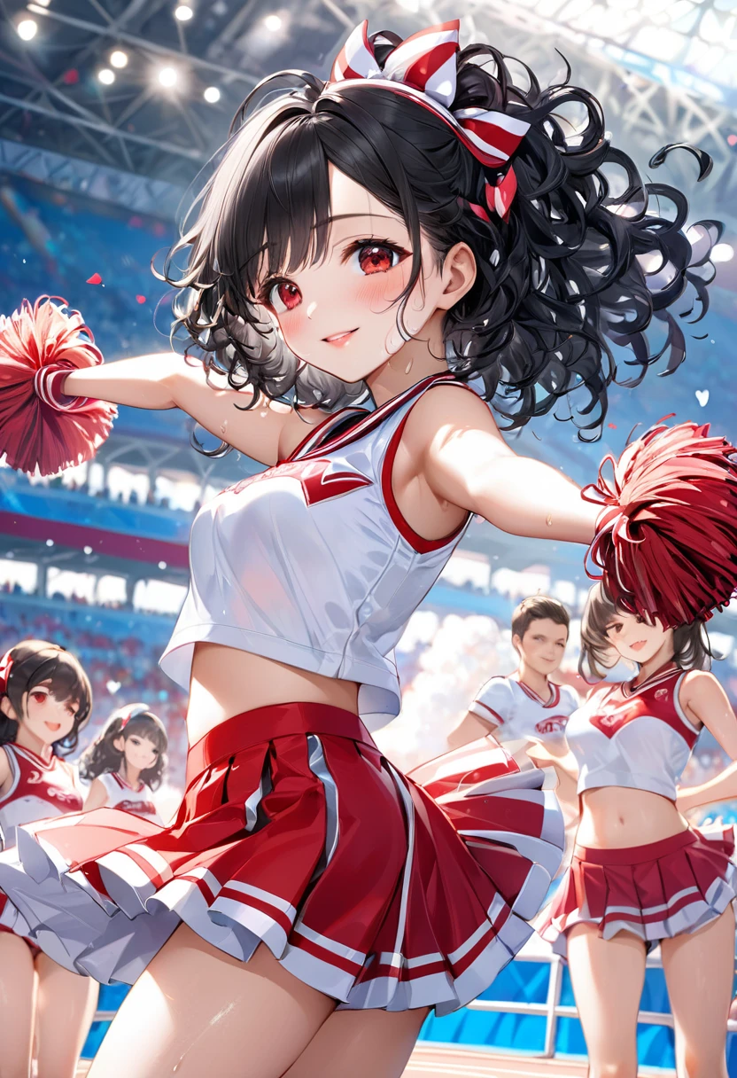 profile, (cheer leading style) (pose Dance and put feet upleg), (beautiful sweaty skin), (holding both hands ponpon), (beautiful detailed curly:1.3) (beautiful black hair long hair) (sexy cute princess girl) (detailed cute red eyes), (beauty smile, glossy lips, medium tits), (in a detailed cute white Cheerleader uniform), break, in the Olympic Venues, background many audience, BREAK, perfect anatomy, masterpiece, best quality, 16k, beautiful detailed love, daydreaming expression