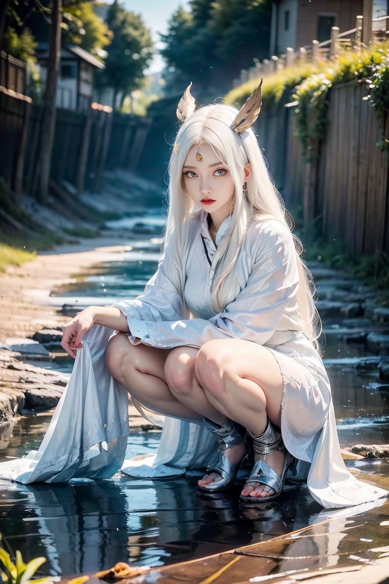 a Caucasian woman, white hair, white eye, 30 years old, wearing a white short dress, squatting as if making a tutorial about defecating, in a small river with very clear water you can see there are fish and ducks. background of village road, farmer and bicycle, urine, view from below. Ultra detailed, super detailed