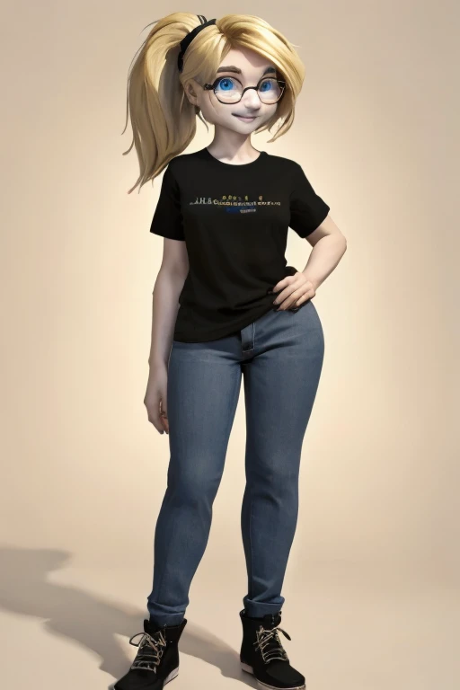 female, blonde long hair in ponytail, blue eyes, (((1girl))), (((black t-shirt))), (blue bell bottom jeans), (black shoes), (glasses), cute and sexy, full body, modest breasts, big butt, long legs, smiling, untucked shirt