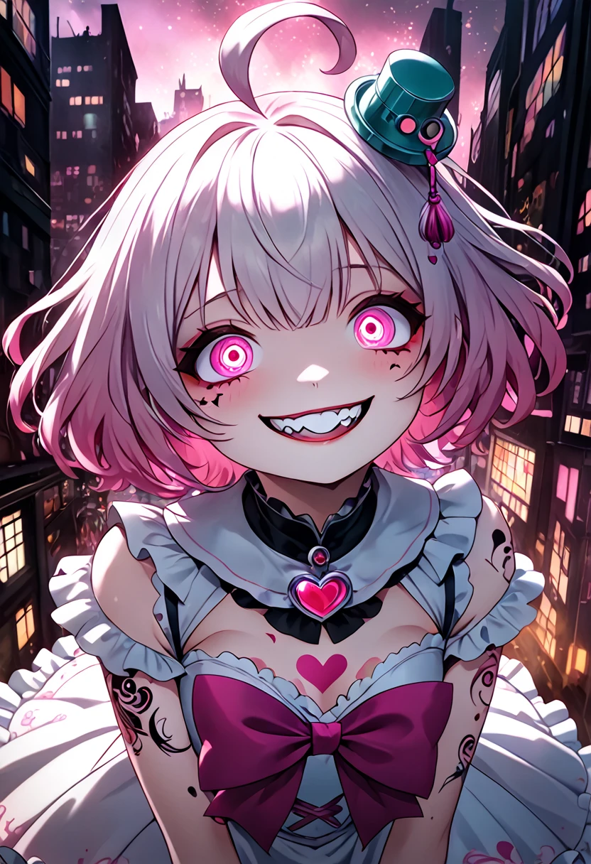 floating cute magical girl, yandere, amorous and lewd face, crazy smile, scary smile, evil smile, teasing smile, grin, lewd smile, malicious smile, creepy smile, big droopy eyes, huge mouth, make-up, pink messy wavy short hair, ahoge, blunt bangs, covered in tattoos, great proportion, wearing pink and white frilly fluffy dress, heart-shaped magic stick, background pastel colors, kaleidoscope of cityscapes, analyzers, labs, with mix of stonepunk, firepunk, and waterpunk, shading effects, gradation magic effects, foggy filter effects, glitter effects, (ultra detailed, absolutely resolution, best quality:1.3), 2.5D, delicate and dynamic, artistic photography, hyper realistic, graphic CG digital art