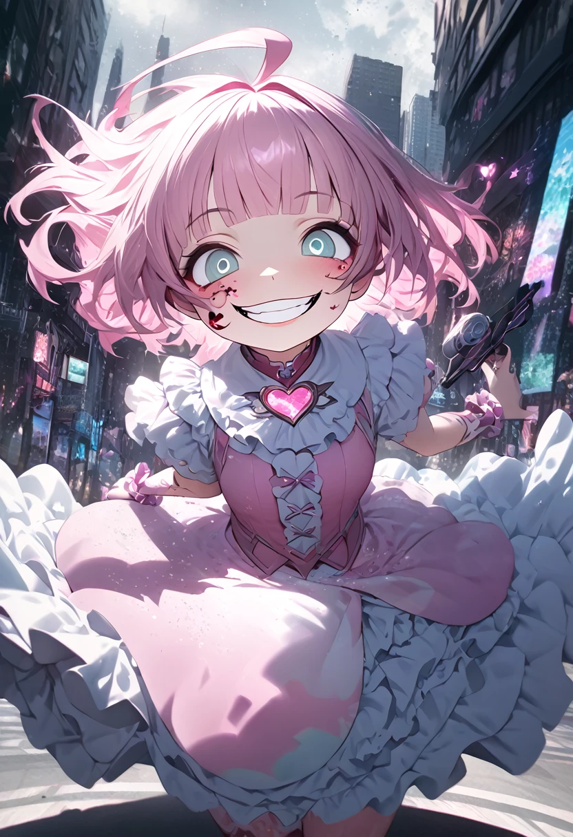 floating cute magical girl, yandere, amorous and lewd face, crazy smile, scary smile, evil smile, teasing smile, grin, lewd smile, malicious smile, creepy smile, big droopy eyes, huge mouth, make-up, pink messy wavy short hair, ahoge, blunt bangs, covered in tattoos, great proportion, wearing pink and white frilly fluffy dress, heart-shaped magic stick, background pastel colors, kaleidoscope of cityscapes, analyzers, labs, with mix of stonepunk, firepunk, and waterpunk, shading effects, gradation magic effects, foggy filter effects, glitter effects, (ultra detailed, absolutely resolution, best quality:1.3), 2.5D, delicate and dynamic, artistic photography, hyper realistic, graphic CG digital art