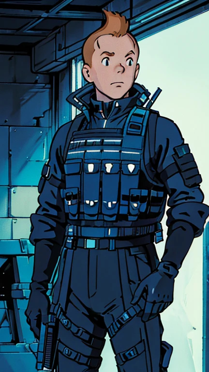(Teens:1male: Tintin), (extremely detailed CG unit 8k wallpaper),(master part), (best quality), (ultra detail), (best illustration),(techwear jacket
black gloves
tactical vest
with buckle and tape), cowboy shot, (Sharp eyeliner, ombre, detailed eyes:1), dark neon light cyberpunk indoors background, ,break , (ghibli style), upper body