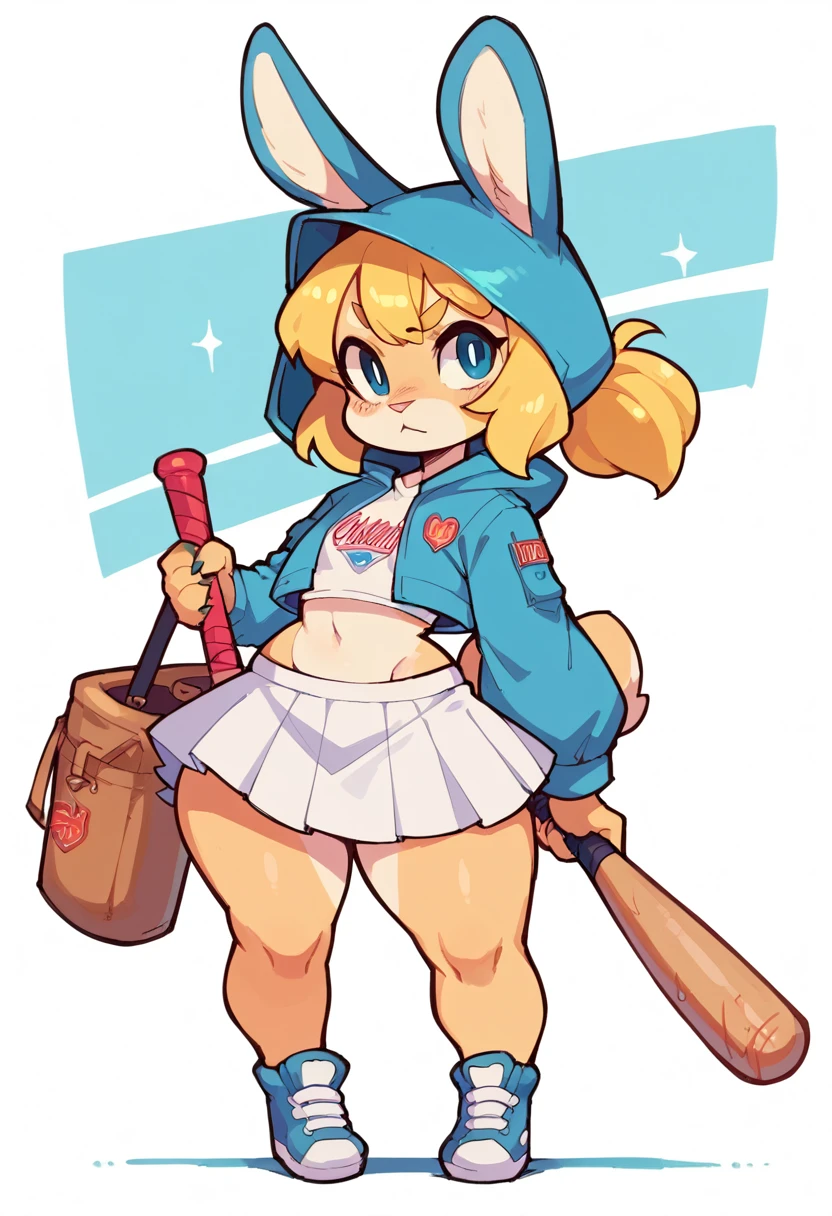 Furry bunny female, BLUE hood , Blonde  hair , shortstack, wide hips, skirt , holding Baseball bat