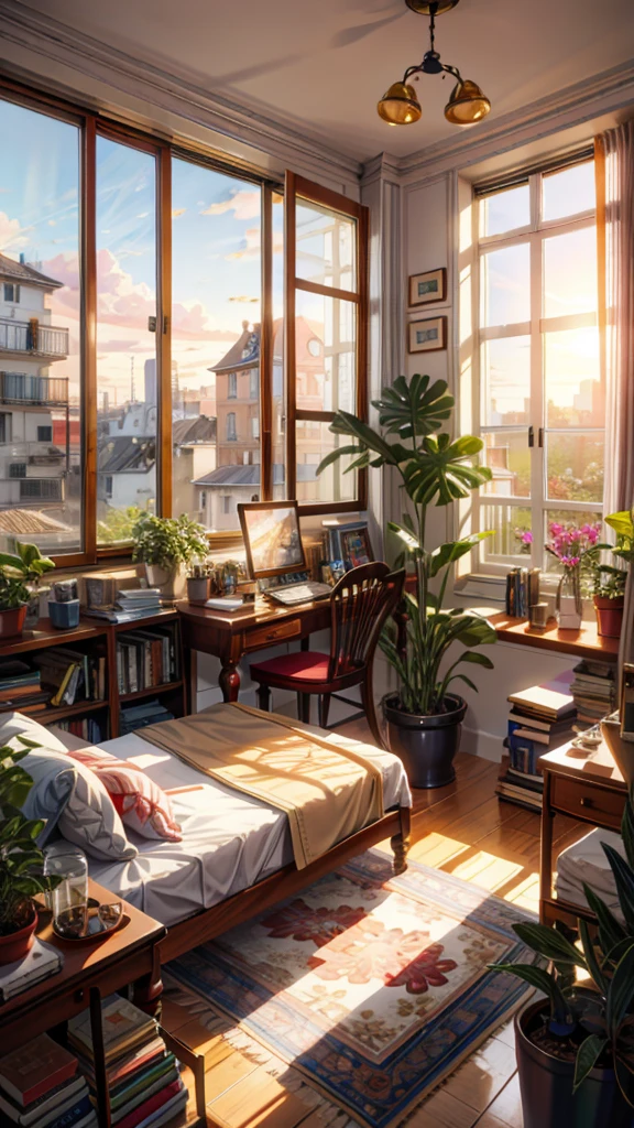painting of a French bedroom interior view, beautiful calm lofi vibe,monstera plant, rug,desk,chair, golden hour,hanging lights  ,chair,table 4k hd, cloud, Bougainville,beautiful art uhd 4 k, a beautiful artwork illustration, beautiful digital painting, highly detailed digital painting, beautiful digital artwork, detailed painting 4 k, very detailed digital painting, rich picturesque colors, gorgeous digital painting