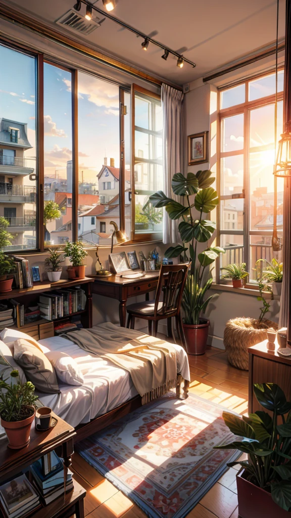 painting of a French bedroom interior view, beautiful calm lofi vibe,monstera plant, rug,desk,chair, golden hour,hanging lights  ,chair,table 4k hd, cloud, Bougainville,beautiful art uhd 4 k, a beautiful artwork illustration, beautiful digital painting, highly detailed digital painting, beautiful digital artwork, detailed painting 4 k, very detailed digital painting, rich picturesque colors, gorgeous digital painting