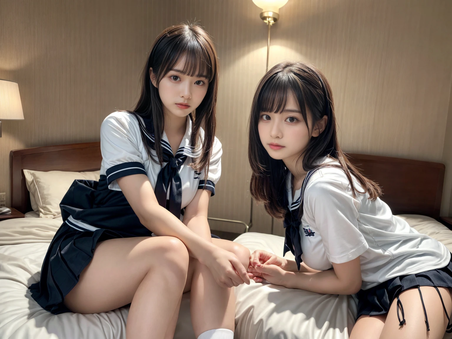 masterpiece, best quality, illustration, Super detailed, fine details, High resolution, 8K,wall paper, perfect dynamic composition,(Details High quality, realistic depiction of eyes:1.3), (3 girls), Black Sailor Uniform, serafuku, Navy pleated skirt, sitting, open legs, short bob hair, in a hotel room in the background, deep on field, large breasts, black hair color, Big Natural Color Lip, (perfect body shape), crying a little、Harajuku style、20 year old girl、cute type、beautiful legs, Gravure Idol