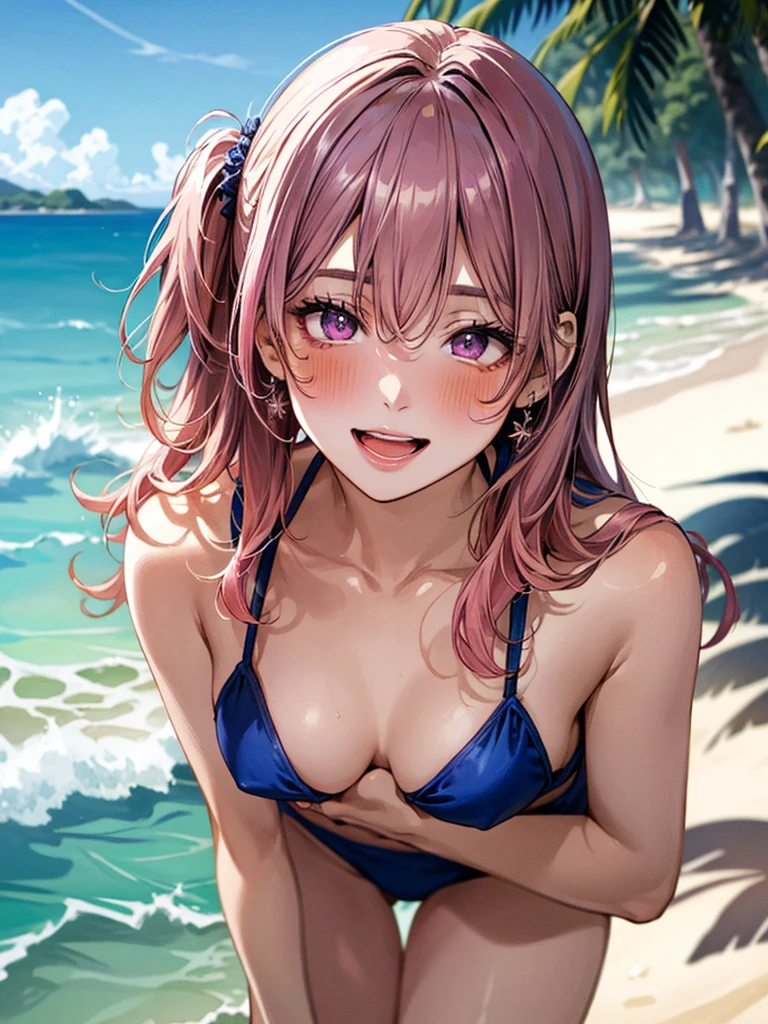 (masterpiece:1.3, top-quality, ultra high res, ultra detailed), on the beach,blue bikini,(realistic, photorealistic:1.4), beautiful illustration, perfect lighting, natural lighting, colorful, depth of fields, surrealism,  (embarrassed,blush:1.3),
beautiful detailed hair, beautiful detailed face, beautiful detailed eyes, beautiful clavicle, beautiful body, beautiful chest, beautiful thigh, beautiful legs, beautiful fingers, shiny skin, 
looking at viewer, 1 girl, japanese,  super detailed skin), cute and symmetrical face, babyface, perfect face, perfect eyes, 
(middle hair, two side up, pink hair), crossed bangs, purple eyes, drooping eyes, big eyes, long eyelashes, (large breasts, seductive thighs, skindentation), slender, outstanding style, 
(beautiful scenery), late afternoon,hands on chest, (lovely smile, upper eyes, open mouth small),