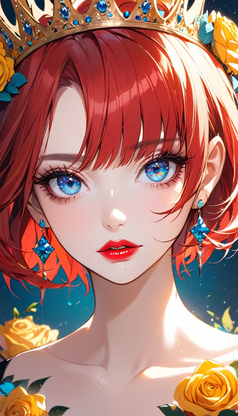 1 girl, jewelry, earrings, red hair, flower, looking at viewer, portrait, parted lips, blue eyes, bangs, crown, collarbone, eyelashes, short hair, makeup, red lips, lips, crown, solo, single focus , lipstick, yellow rose,HoloDayo XL
