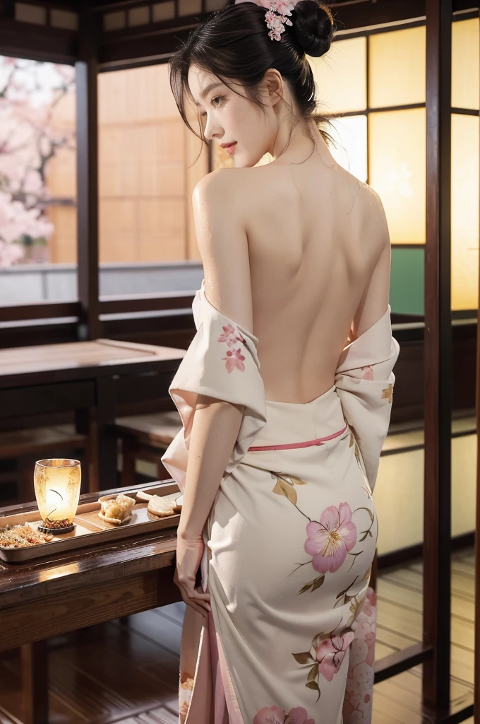 (((best quality))),(((ultra detailed))),(((masterpiece))),illustration,((1 beautiful Japannese girl,solo)),((slim,thin)),((shoulder off,strapless,bare back,towering hips,butt crack)),(in izakaya:1.3),(summer:1.2),(rainy:1.3),(indoor:1.2),(night scene:1.3),(wet:1.3),(pink floral kimono:1.3),neat bun,porcelain skin,rouge,dimly lit,warm glow,ethereal,(standing beside the table:1.3),sake bottle,half-empty glass,tray,grilled fish,steamed vegetables,half-eaten,melancholic smile,storm,solitude,enigmatic aura,tranquility,chaos,simplicity,mysterious,captivating,((from back,upper body))