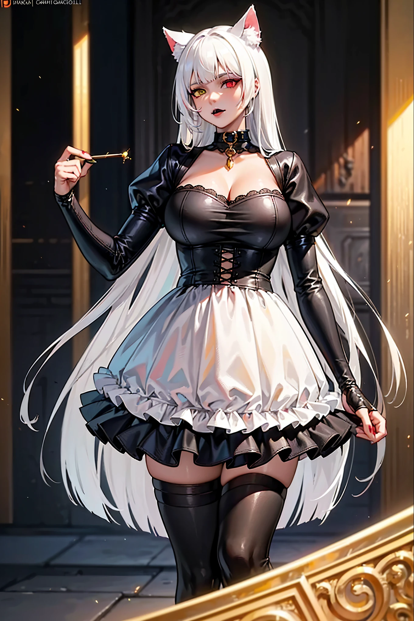 masterpiece, accurate, anatomically correct, super detail, high details, high quality, best quality, highres, 4K, character concept art, female character illustration, female role-playing character, 1 adult woman aged 25, She is a cat girl, catgirl, has fair and milky skin, ((heterochromia with red and gold eyes)), perfect bright eyes, (((white hair, long with blunt bangs))), cat ears, ((dark makeup, black lipstick)), ((The woman is wearing medieval black clothing)), She wears a richly detailed black leather cat choker.