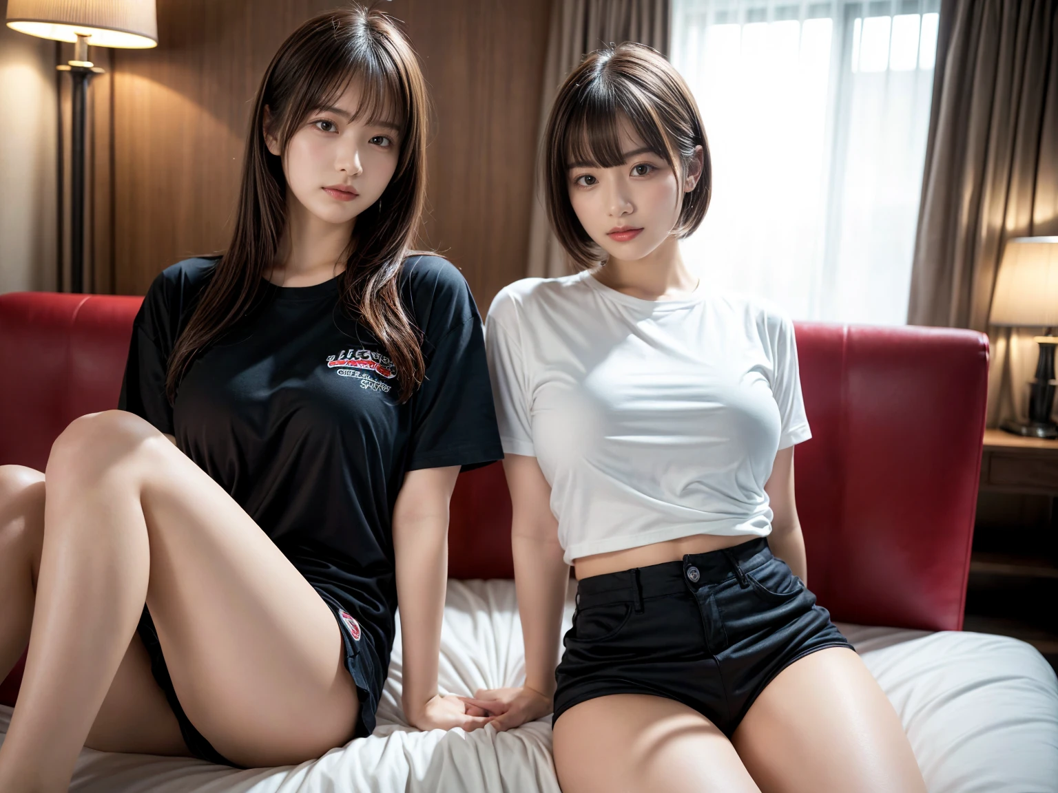 masterpiece, best quality, illustration, Super detailed, fine details, High resolution, 8K,wall paper, perfect dynamic composition,(Details High quality, realistic depiction of eyes:1.3), (2 girls), oversized sport shirt, shorts women, sitting, open legs, short bob hair, in a hotel room in the background, deep on field, large breasts, black hair color, Big Natural Color Lip, (perfect body shape), crying a little、Harajuku style、20 year old girl、cute type、beautiful legs, Gravure Idol
