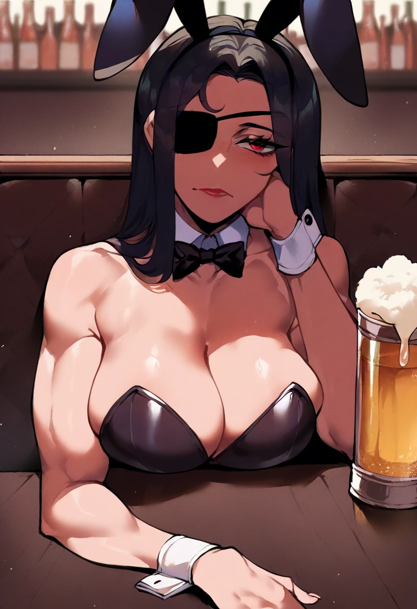 ((score_9, score_8_up, score_7_up, score_6_up), (adult, seductive face,) close up face, portrait, elbow rest, red eyes, eyepatch, long straight black hair, bunnysuit, sighing, sitting at bar, drinking beer, big breasts, toned female, Nyantcha Style, shadow, soft light, source_anime, rating_explicit,