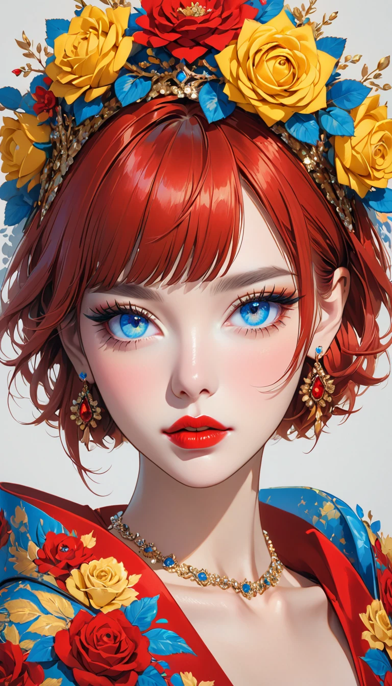 1 girl, jewelry, earrings, red hair, flower, looking at viewer, portrait, parted lips, blue eyes, bangs, crown, collarbone, eyelashes, short hair, makeup, red lips, lips, crown, solo, single focus , lipstick, yellow rose,HoloDayo XL