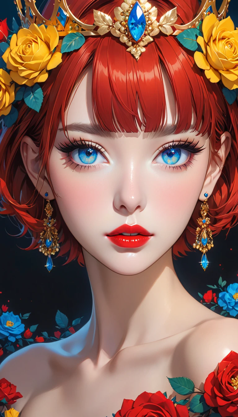 1 girl, jewelry, earrings, red hair, flower, looking at viewer, portrait, parted lips, blue eyes, bangs, crown, collarbone, eyelashes, short hair, makeup, red lips, lips, crown, solo, single focus , lipstick, yellow rose,HoloDayo XL