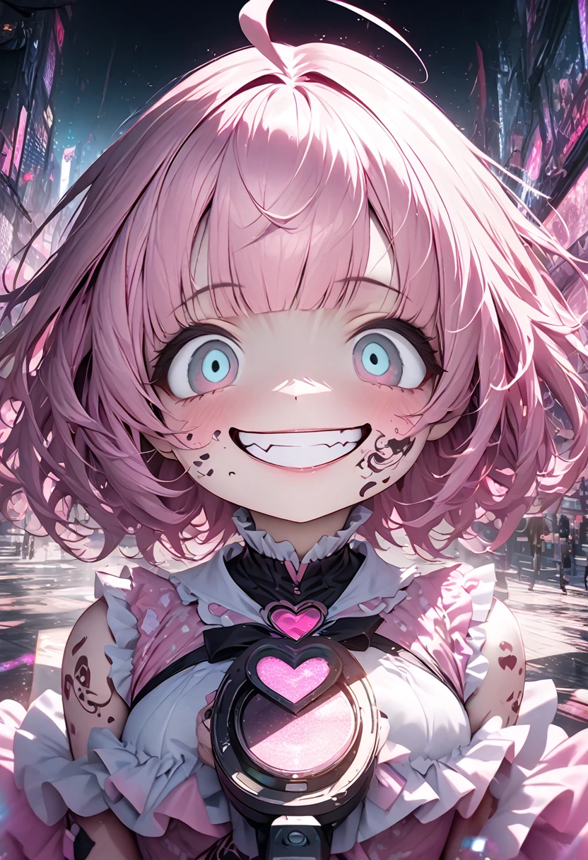 floating cute magical girl, yandere, amorous and lewd face, crazy smile, scary smile, evil smile, teasing smile, grin, lewd smile, malicious smile, creepy smile, big droopy eyes, huge mouth, make-up, pink messy wavy short hair, ahoge, blunt bangs, covered in tattoos, great proportion, wearing pink and white frilly fluffy dress, heart-shaped magic stick, background pastel colors, kaleidoscope of cityscapes, analyzers, labs, with mix of stonepunk, firepunk, and waterpunk, shading effects, gradation magic effects, foggy filter effects, glitter effects, (ultra detailed, absolutely resolution, best quality:1.3), 2.5D, delicate and dynamic, artistic photography, hyper realistic, graphic CG digital art