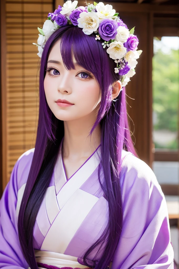 Purple hair, long hair, purple eyes, beautiful white woman, kimono, flower decoration on head
