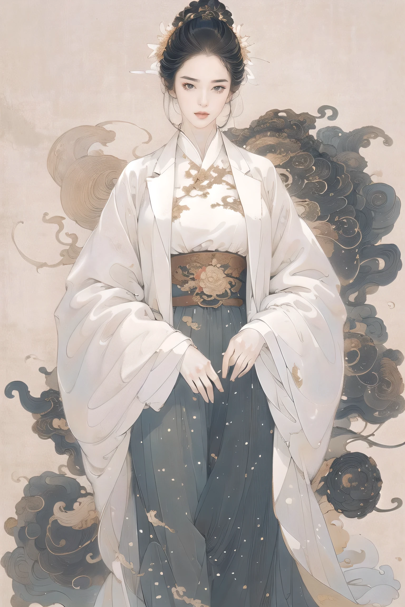 full body, a woman in white is posing for a photo, white soft leather model, realistic face and body hybrid, elegant glamourous cosplay, alita, wearing suit, featured on cg society, trench coat, soft makeup, beautiful android woman, really large bust, of a young woman, art by Dale Chihuly, art by Craig Mullins