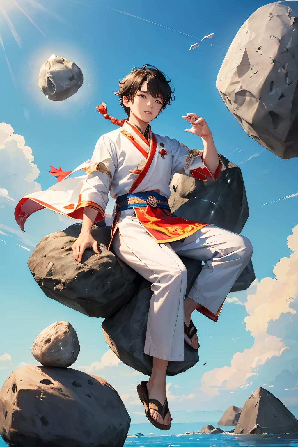 (Highest quality:1.3)。One Boy。Ethnic attire。((((((A single large rock floating in the air)))Fly on)))。The background is a calm sea、Blue sky and white clouds。