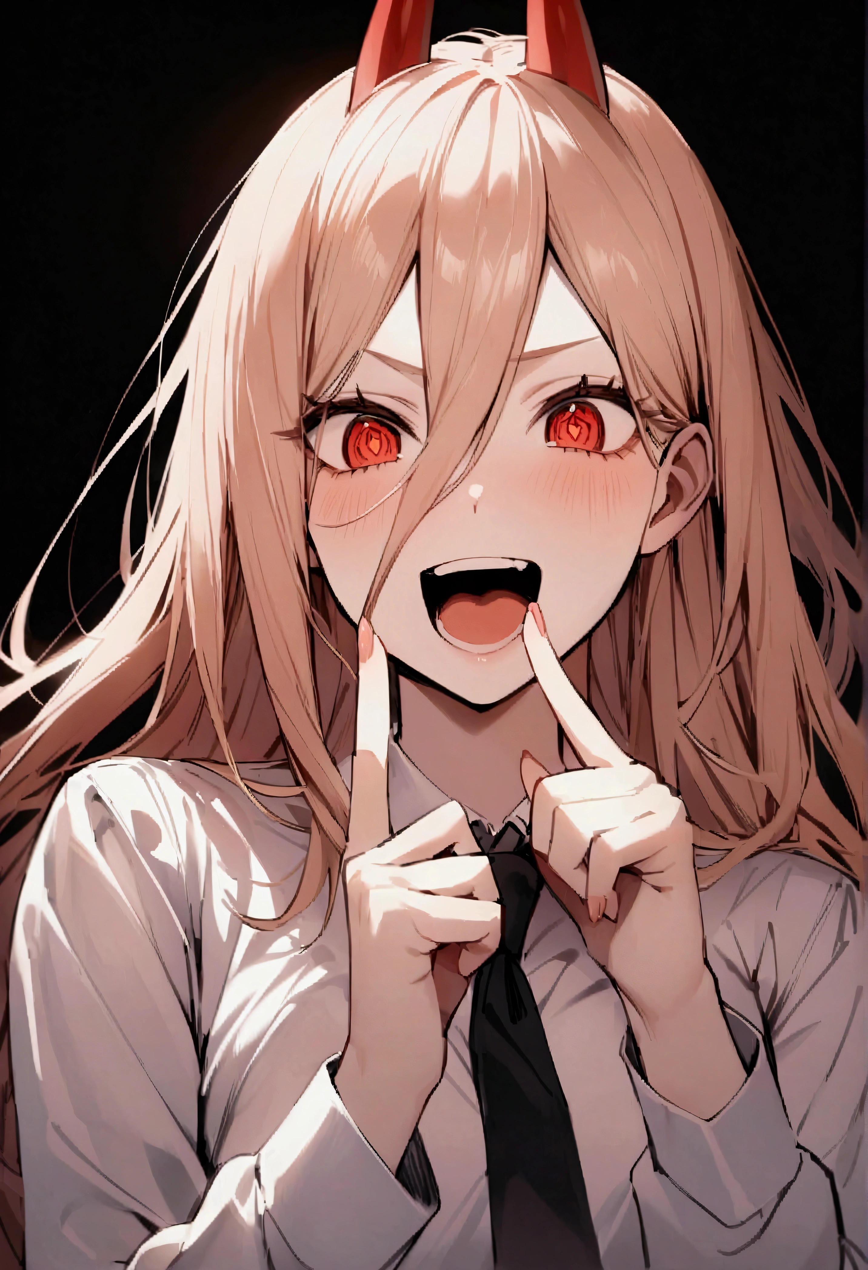 masterpiece、Highest quality、One woman、power \(Chainsaw Man\)、solo、赤いhorn、Cruciform pupil、horn、Long Hair、鋭いteeth、tie、teeth、shirt、Hair between the eyes、Symbol-shaped pupil、Staring at the audience、白いshirt、Open your mouth、put your finger in your mouth、Simple Background、襟付きshirt、黒いtie、Black Background、smile、Pulling the mouth、Pink Hair、Long sleeve、Blonde Hair、悪魔のhorn、Red eyes、Upper Body