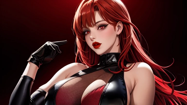 One girl, Blonde, alone, Long Hair, Red eyes, gloves, multicoloRedhead, View your viewers, black gloves, Redhead, Red background, Striped Hair, Red lips, Upper Body, bangs,Red Theme,Bad boy, Large Breasts,Glowing Skin,(Mature Woman),Realistic、Perfect body、1 female