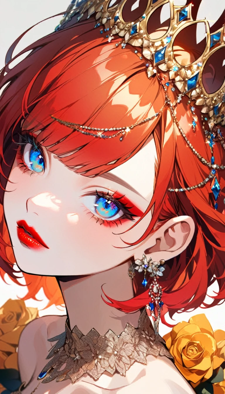 high definition symmetrical image, (goddess of breasts, a woman born from flowers, (round face), luxury jewelry, drooping eyes, smiling, small breasts, focus on breasts, cute dress, swollen nipples, hip, red hair), ((art nouveau)), ecstasy face, (alphonse−mucha),