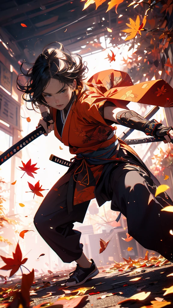 ultra-detailed samurai in traditional armor, fierce expression, powerful stance, katana in hand, Autumn Leaves Background
, vibrant colors, dynamic lighting,More Detail,