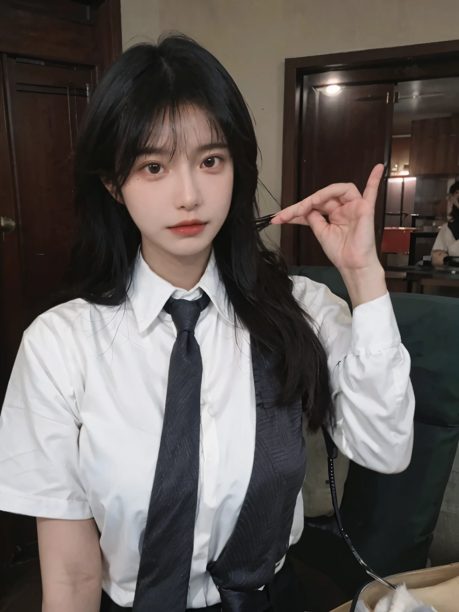 Best quality,masterpiece,ultra high res,(photorealistic:1.4),1girl,sexy,(shirt and tie:1.2),(bra:1.2),(large breast:1.3),(upper body:1.4)