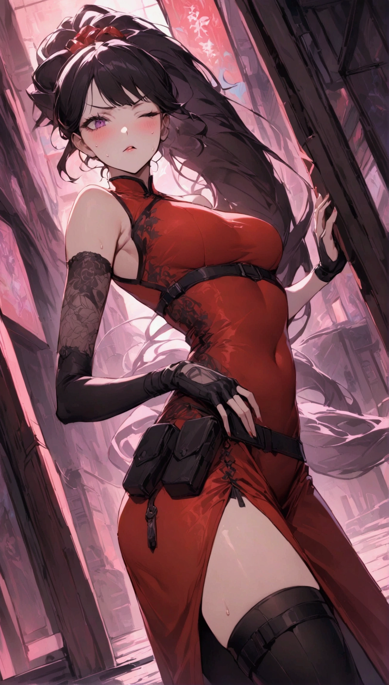 Dynamic composition,dutch angle,from side,{{masterpiece}}, {{{Highest quality}}},{{Very detailed}},{{Fight}},{{fighting stance:1.6}},{{critical situation:1.6}},{{hold down one's stomach with one's hands:1.6}},1girl,30years old,{Mature Woman}},cyberpunk,{{RED Chinese clothing:1.2}},Red sleeveless Chinese dress,pelvic curtain,black stockings,belt,black fingerless gloves,Lace arm covers,holster,{{Grit your teeth:1.4}},one eye closed, ,{{v-shaped eyebrows}},Bad mood,blush,Sweat,raise one's eyebrows ,{{View your viewers}}、Very long long hair in a ponytail.abdominal pain ,{{pain}},Inside the dojo,indoor