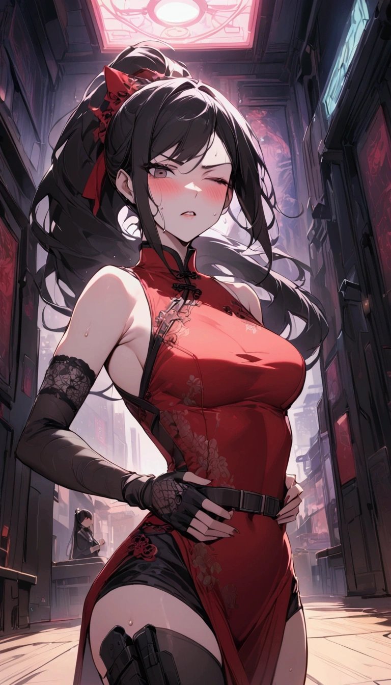 Dynamic composition,dutch angle,from side,{{masterpiece}}, {{{Highest quality}}},{{Very detailed}},{{Fight}},{{fighting stance:1.6}},{{critical situation:1.6}},{{hold down one's stomach with one's hands:1.6}},1girl,30years old,{Mature Woman}},cyberpunk,{{RED Chinese clothing:1.2}},Red sleeveless Chinese dress,pelvic curtain,black stockings,belt,black fingerless gloves,Lace arm covers,holster,{{Grit your teeth:1.4}},one eye closed, ,{{v-shaped eyebrows}},Bad mood,blush,Sweat,raise one's eyebrows ,{{View your viewers}}、Very long long hair in a ponytail.abdominal pain ,{{pain}},Inside the dojo,indoor