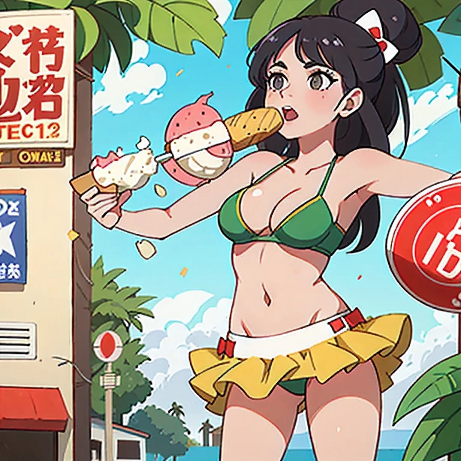 girl in a bikini eating an ice cream cone, eating ice cream, in a bikini, angela white, giorgia meloni, katy perry, in bikini, eating ice - cream, wearing spandex bikini, ice cream on the side, bikini, ice cream, wearing a bikini, candid photo of dirty, shiny plastic bikini, candid shot, cone, 1 girl, solo,in a green dress standing by a wall,portrait of female idol