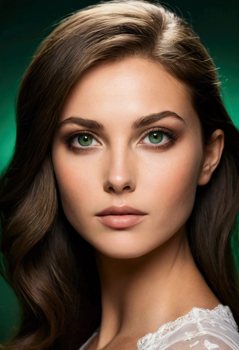 Dans un cadre enchanteur, baigné par la lumière dorée du coucher de soleil, elle se tient avec une élégance naturelle. Ses cheveux longs et soyeux tombent en cascades autour de son visage délicat, capturant la lumière et créant des reflets chatoyants. Son visage, d'une beauté captivante, est encadré par ces mèches somptueuses qui ajoutent une touche de mystère à son allure.

Ses yeux verts, véritables joyaux, scintillent de mille feux. Ils sont clairs et précis, semblant percer l'âme de quiconque croise son regard. Ces yeux verts brillent d'une intensité presque surnaturelle, rappelant les plus pures émeraudes et jades. Leur profondeur et leur éclat captivent, attirant irrésistiblement les regards. Ils sont à la fois perçants et chaleureux, vibrant de vie et d'émotions.

Elle est assise légèrement de côté, son corps parfaitement tourné pour accentuer ses courbes gracieuses. Une main délicatement posée sur sa hanche, tandis que l'autre effleure doucement ses lèvres, ajoutant une touche de sensualité à sa posture. Ses jambes, croisées élégamment, allongent sa silhouette et soulignent sa grâce naturelle. Son regard est tourné vers l'objectif, ses yeux verts perçants capturant toute l'attention, comme une invitation silencieuse à découvrir les secrets de son âme.