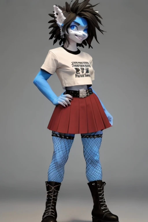 female, black spiky hair, blue eyes, blue skin, (((1girl))), (((black cropped t-shirt))), (red plain skirt), (black studded belt), (fishnet shirt), (black punk boots), cute and sexy, full body, modest breasts, big butt, long legs, smiling, untucked shirt