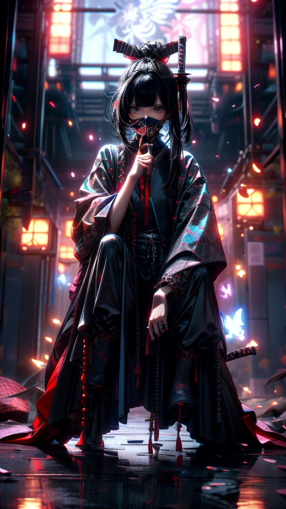 (masterpiece:1.2), best quality,cg,3d, Samurai girl,
Samurai girl, weapon, sword, solo, holding, black hair, holding weapon, bangs, bug, blunt bangs, holding sword, butterfly, mask, 1girl, long sleeves, single hair bun, hair bun, glowing, reflective floor, katana, indoors, facing viewer, long hair, reflection, sitting, full body, wide sleeves, jewelry, sheath, one knee, beads