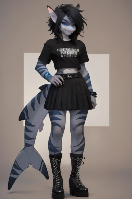 female, black spiky hair, blue eyes, blue skin, (((1girl))), (((black cropped t-shirt))), (red plain skirt), (black studded belt), (fishnet shirt), (black punk boots), cute and sexy, full body, modest breasts, big butt, long legs, smiling, shark tail