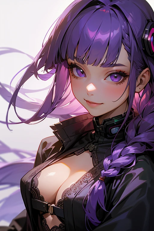 1 girl, Blunt bangs, Braiding, Wide sleeves, hair ornaments,Obi says, (Purple Hair:1.2), Very long hair, Straight hair, Looking at the audience, Highly detailed background, (Realistic:1.2), Beautiful Eyes, Red eyeshadow, thigh, (Urzan-6500:0.7), Upper Body, (alone:1.2), (Cyberpunk City:1.1), Cleavage,,Glowing Skin、(Navel exposed).((Face close-up))、((smile))、(Lace clothes).