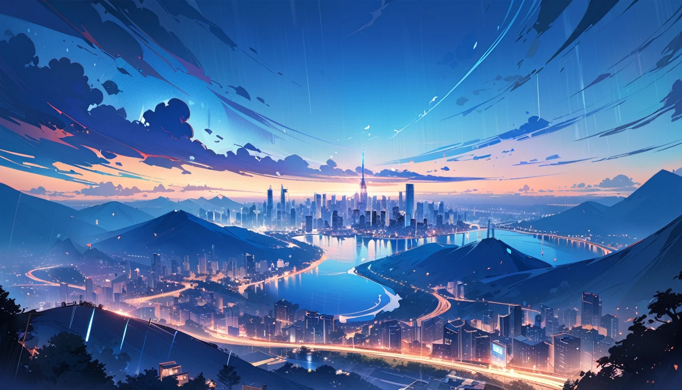 ph blue, scenery, No humans, landscape, (masterpiece,Highest quality:1.4), Blue Theme, city, evening, One girl, rain,Cowboy Shot, close,