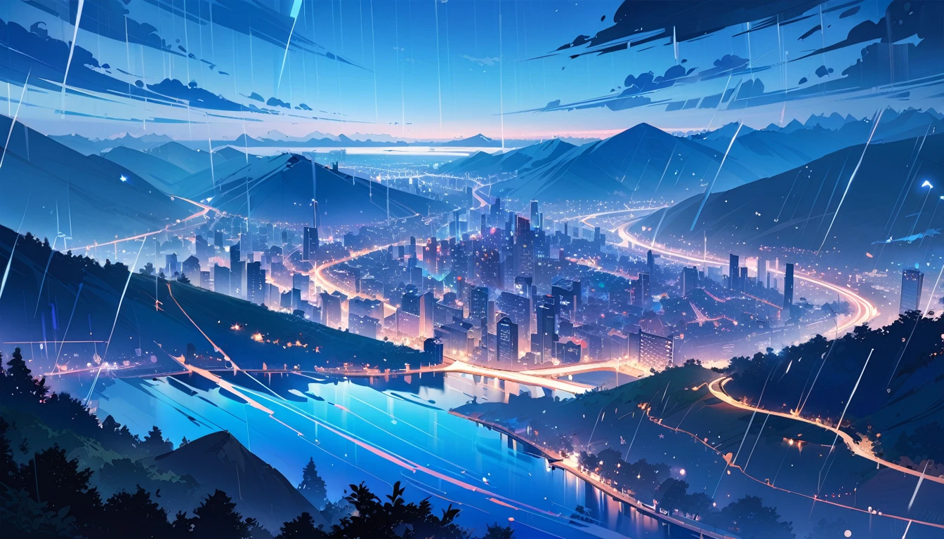 ph blue, scenery, No humans, landscape,  (masterpiece,Highest quality:1.4), Blue Theme, city, evening, One girl, rain,Cowboy Shot, close, 