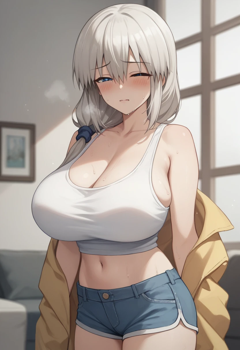 Huge breasts、blush、Sweat、In the heat、Long white hair、Braiding、uzaki_fortune、Separated chest、Long saggy breasts、
{Highest quality}, {so beautiful}, {Very detailed}, {Best illustrations},Life、slim:1.5、Are standing、White tank top、Shorts