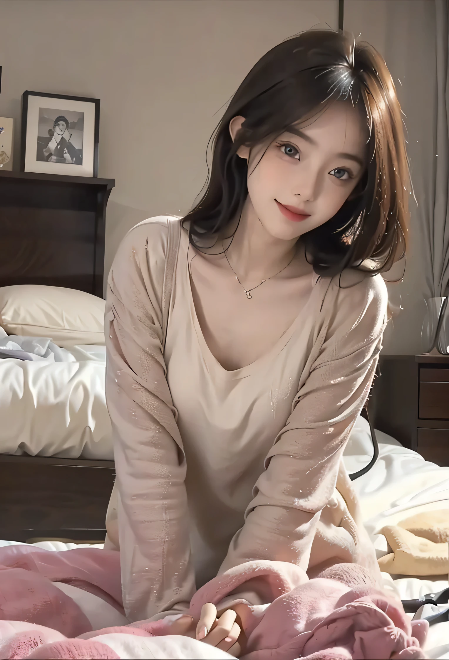 A smile、Sweater for upper body、Lower body is only white panties.