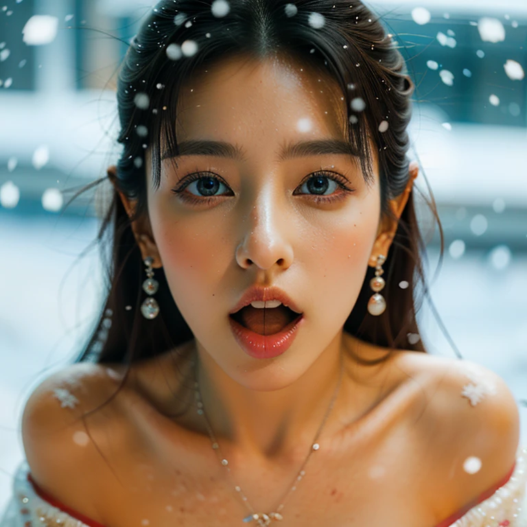 ExtremelyDetailed Kawaii girl Face (Close-up KissableTongue (Kissing to Camera)) glossy lips with beautiful details, extremely delicate and beautiful (TopQuality Masterpiece of 8K Ultra-detailed(ProfessionalPhoto:1.37)), {Amazing|finely detail|official art|incredibly absurdres} (close-up:1.22), fish eye lens (wide lens) macro lens, Detailed reflective Eyes with (sparkling highlights:1.28) Detailed(Voluminous LongEyelashes:0.88), {from Above|Visible Uvula|String of saliva drip}, (Off shoulder:1.32), (snow on tongue:1.28) snow particles